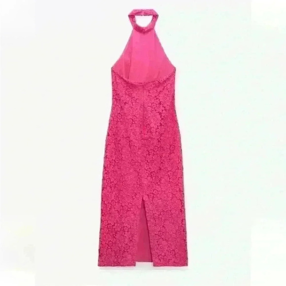 NWOT Zara Pink Fuchsia long midi lace halter dress size L Bloggers Favorite - Picture 6 of 10